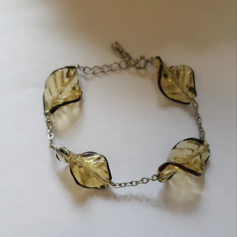 Yellow & Black Glass Spiral Leaf Beaded Bracelet Chain Bead Link Bracelet